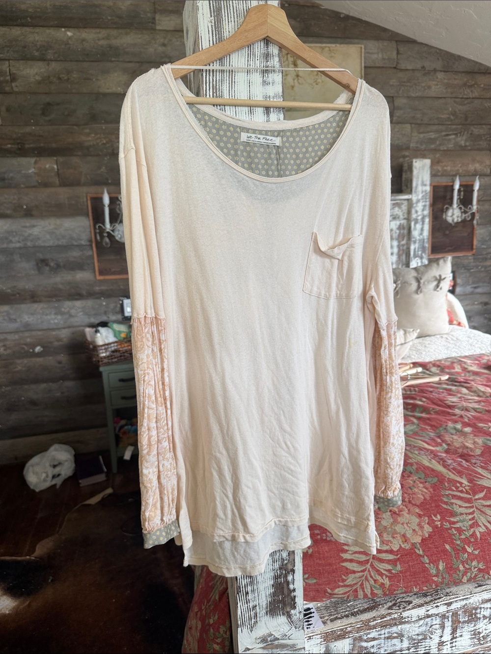 Free People Cream Long Sleeve Pocket Tee with Patterned Sleeve Panels